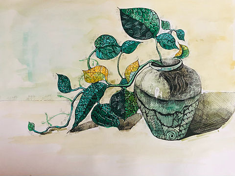 水彩写生练习-花瓶里的绿萝（个人主页-ZNDg0MTE1OTI=） - 创作习作 - 站酷设计师樊阳君原创素材 - 站酷ZCOOL