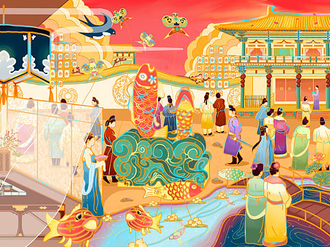 唐朝盛世繁华插画长卷轴