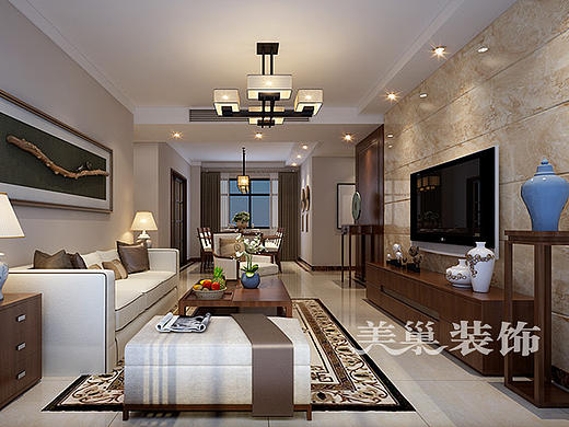 正商华钻装修效果图130平四室两厅新中式设计方案