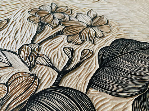 手工雕刻黑白木刻版画·茉莉花