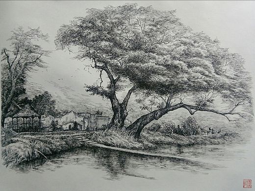 钢笔画婺源