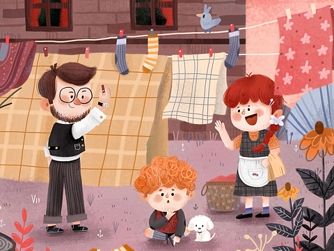 儿童插画场景练习61 黄昏户外收衣服的一家人