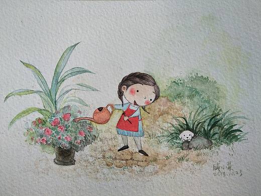 水彩手绘--儿童插画. 浇花的小女孩.