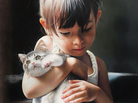 彩铅《小雨同绘  抱猫女孩》