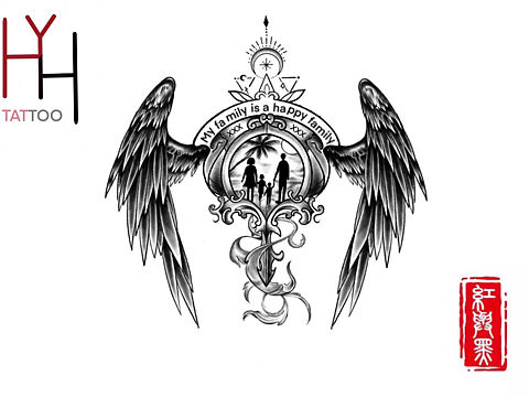 家庭元素后背纹身手稿（个人主页-ZNTczNzQ3MDA=） - 商业插画 - 站酷设计师红与黑书画工作室原创素材 - 站酷ZCOOL