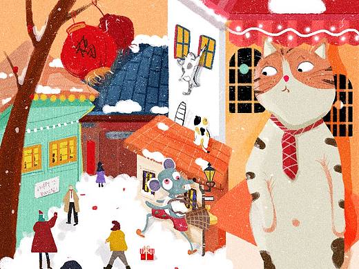 趣味|氛围插画 |新年雪景小镇 |夸张比例|原创| 扁平 