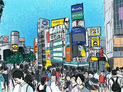 #手绘#涩谷街头（个人主页-ZMzE4MzA3NDg=） - 创作习作 - 站酷设计师Mia孟孟阳原创素材 - 站酷ZCOOL