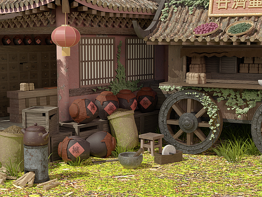 古代残旧药铺模型 blender建模