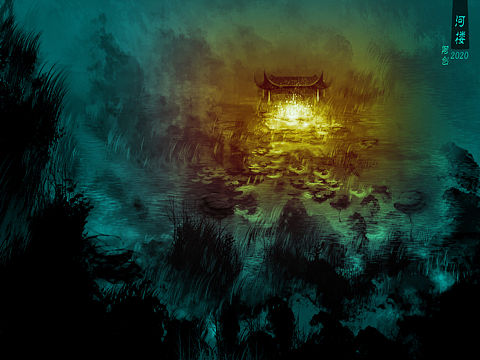 原畫場(chǎng)景《河樓》黑白稿與效果圖（個(gè)人主頁-ZNDU0OTAyNjA=） - 商業(yè)插畫 - 站酷設(shè)計(jì)師傻創(chuàng)原創(chuàng)素材 - 站酷ZCOOL