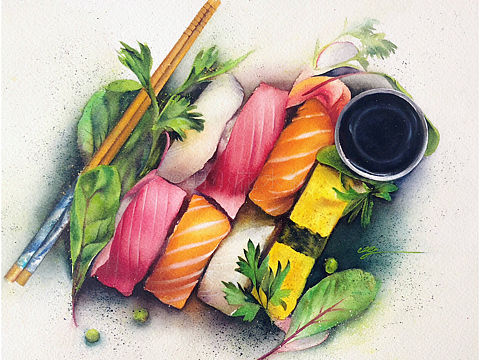 小花的水彩～お寿司が参上～