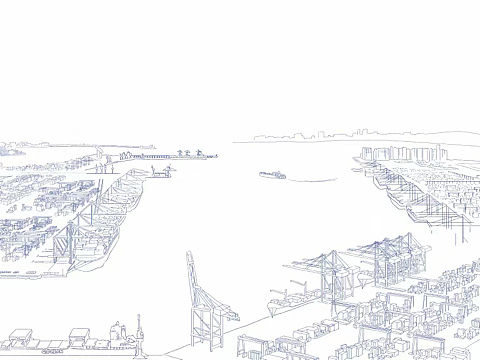 钢笔风青岛港风光文创插画