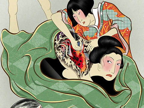 纹身工作室浮世绘插画