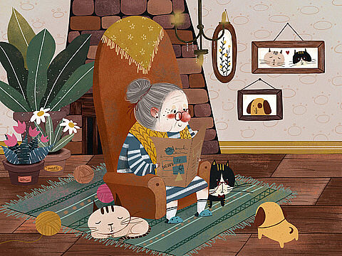 儿童插画-《看报的老奶奶》