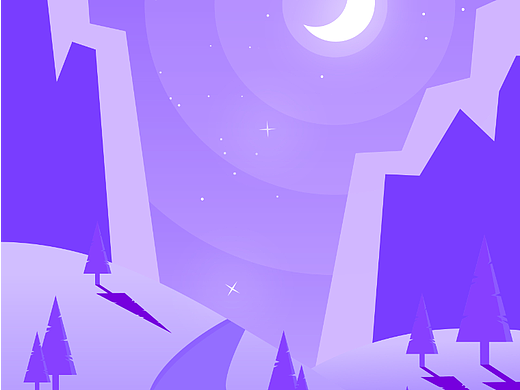 唯美紫色梦幻夜间月光森林山谷矢量插画