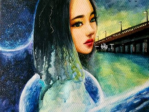 水彩《星空少女》