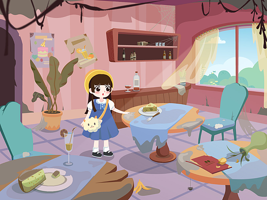 荒废的餐厅插画-儿童插画100天前恐怖民间传说封面插画---魔神仔插画