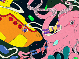 插畫-黃色潛水艇與章魚的花園