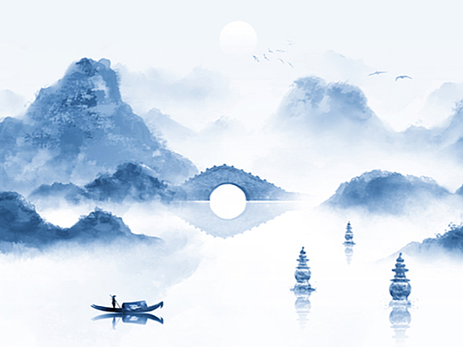 中国风蓝色意境山水画