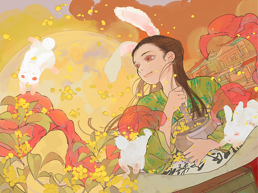 【玉兔捣药】中秋节插画设计「一」（个人主页-ZNjEzNjM0Mjg=） - 创作习作 - 站酷设计师咻咻就跑原创素材 - 站酷ZCOOL
