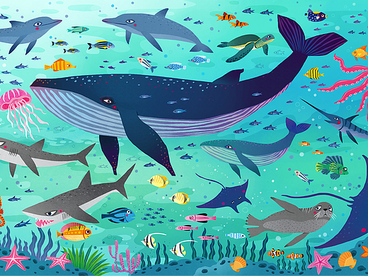 海洋主题拼图玩具插画-鲸鱼海豚海马章鱼水母海龟