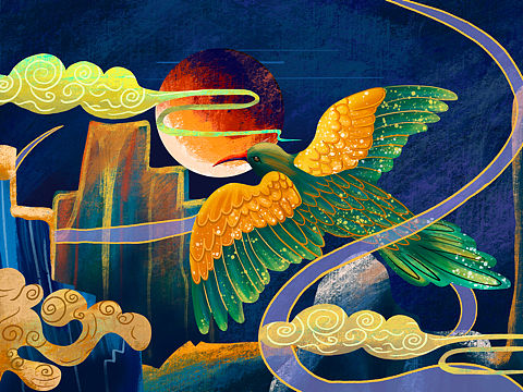 国潮重彩风插画-孔雀东南飞