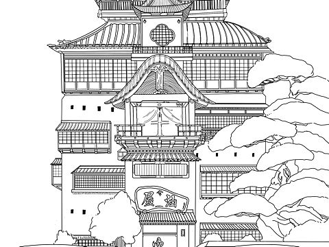 手绘练习-千与千寻建筑线稿