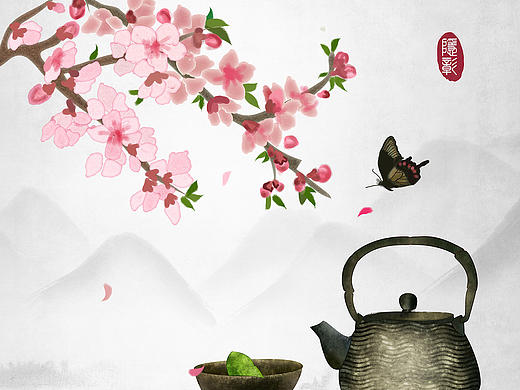 古风春分春天四季桃枝桃花花瓣茶具茶艺茶文化24节气