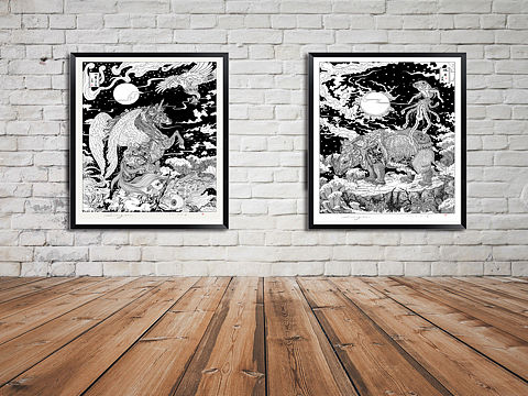 两幅黑白画，业余时间画了两个月 .