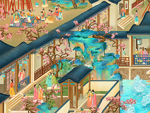国风插画十二月行宫图*油墨质感