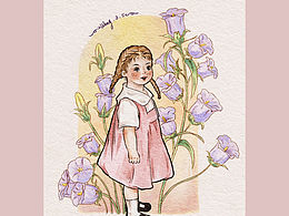 复古插画 小女孩与花