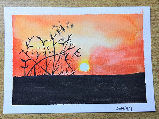 水彩 夕阳西下的剪影插画-创作习作2年前添加表情还没有收到留言