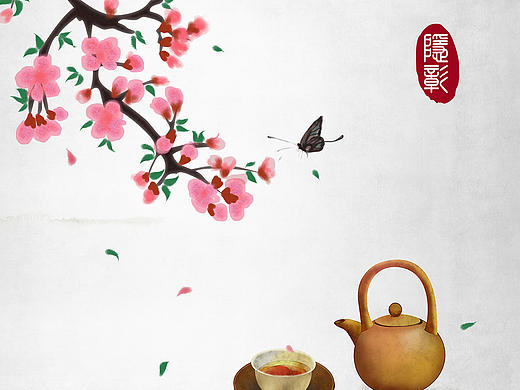 桃花桃枝四季24节气蝴蝶春茶文化茶道茶艺古风唯美意境