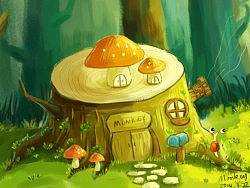 插画 宁静的森林 树洞 蘑菇 蜗牛 房子