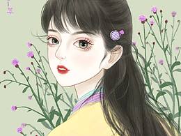 少女插画【丛中回眸】