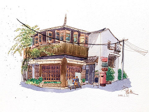 钢笔水彩教程-街边咖啡一角