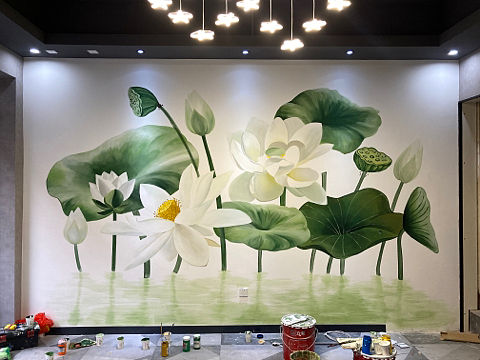 荷花墙绘 写实荷花手绘莲花墙体彩绘