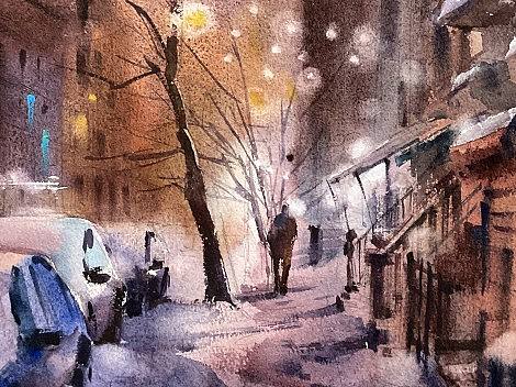 水彩作品｜雪夜