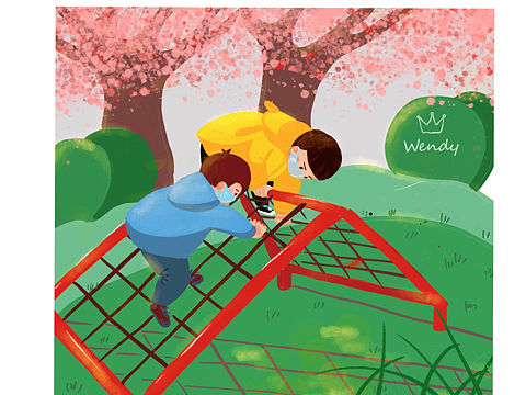 小朋友们公园玩耍，依然要戴口罩哦