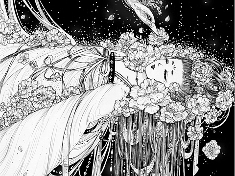 唯美古风黑白插画