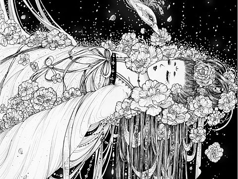 唯美古风黑白插画