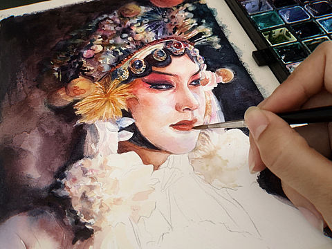 水彩插画手绘-霸王别姬