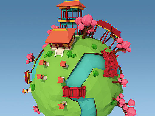 C4D 低多边形建模 中式建筑星球