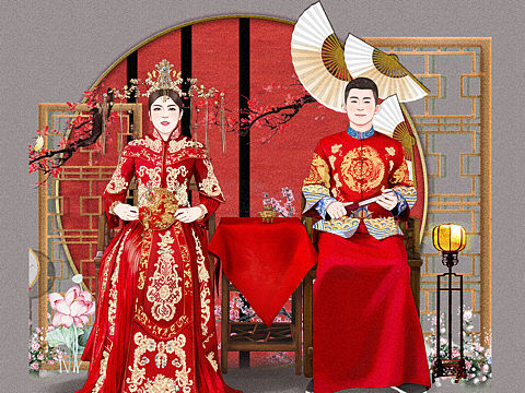 手绘中式婚礼插画