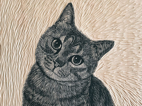手工雕刻猫咪木刻版画