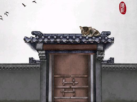 中式门古建筑古门猫飞鸟古风水墨画古风插画