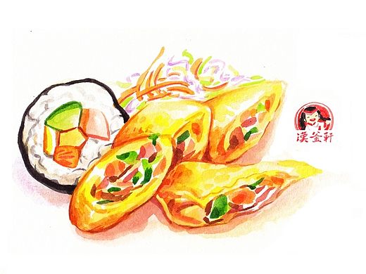 手绘美食手帐（芝士卷、寿司、阴功汤）