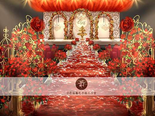 【婚礼手绘】电脑手绘—红金厅内效果图