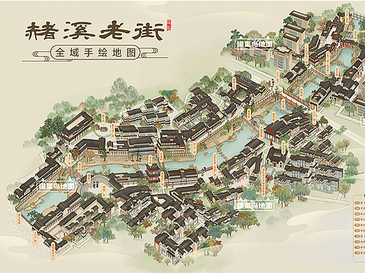 赭西老街旅游手绘地图导览图智慧语音地图-喵星岛地图(个人主页-ZNjc1OTYzMjg=) - 商业插画 - 站酷设计师喵星岛文创原创素材 - 站酷ZCOOL