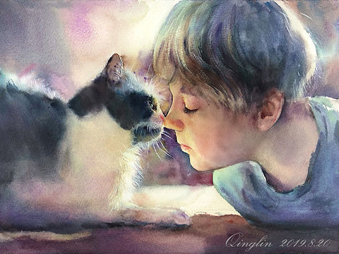 boy's cat【水彩人物】
