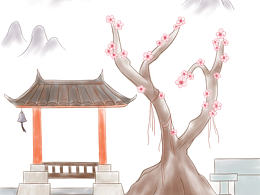 原创水彩风亭子古风场景插画壁纸